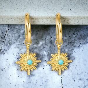 NEW 18K yellow gold plated turquoise stone drop hoop earrings jewelry B21B